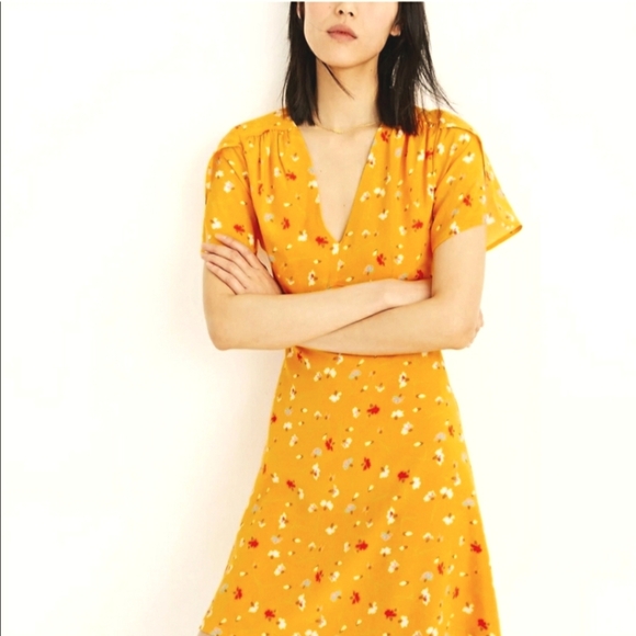 Madewell Silk Belladonna yellow orange mini dress. Carnations, floral. 14. Plus. - Picture 3 of 11